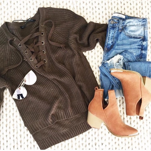 Brown Lace-Up Chunky Sweater - Picture 2 of 6